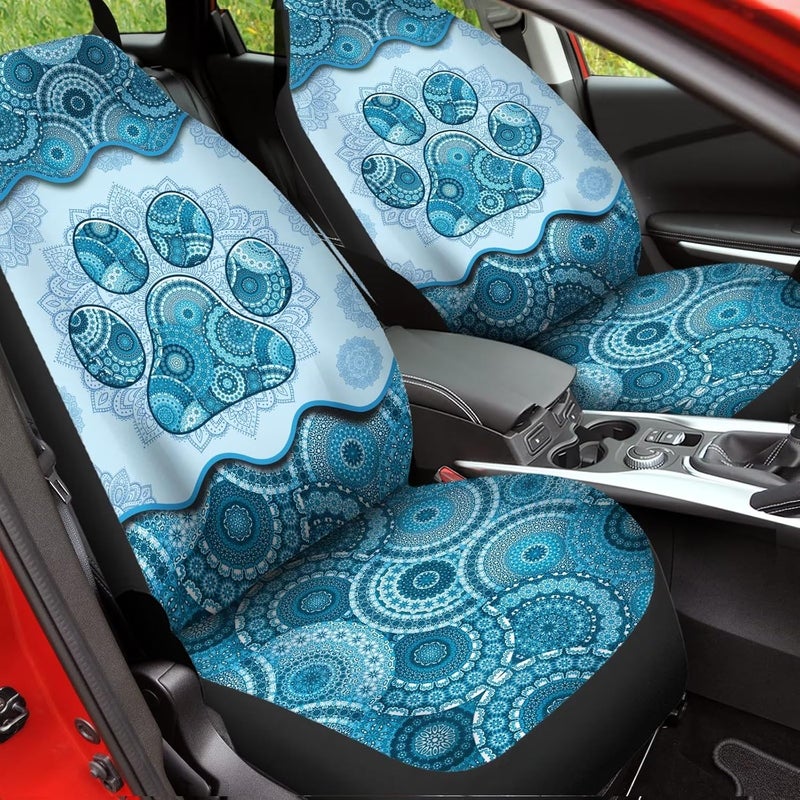 Howilath Universal Car Seat Covers Full Set of 2, Light Blue Boho Mandala Dog Paw Print Auto Front Bucket Seats Protector Car SUV Interior Accessories - Image 4